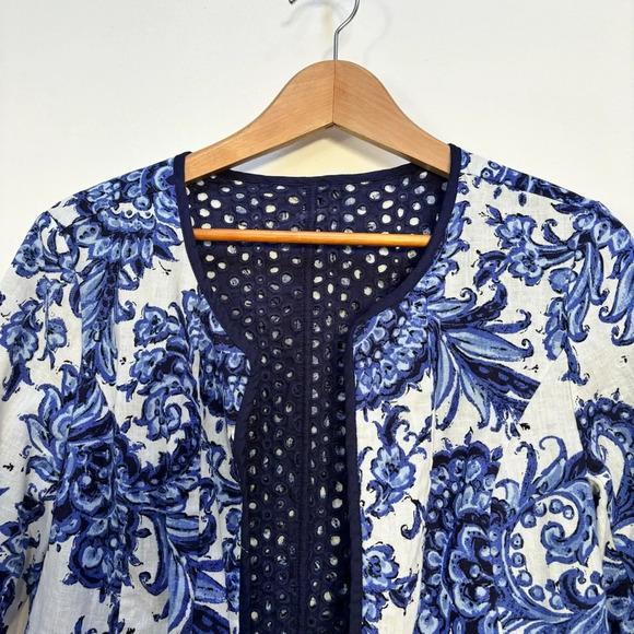 Coldwater Creek Reversible Eyelet Floral Open Front Jacket Navy/White 14 NWOT - Picture 4 of 10